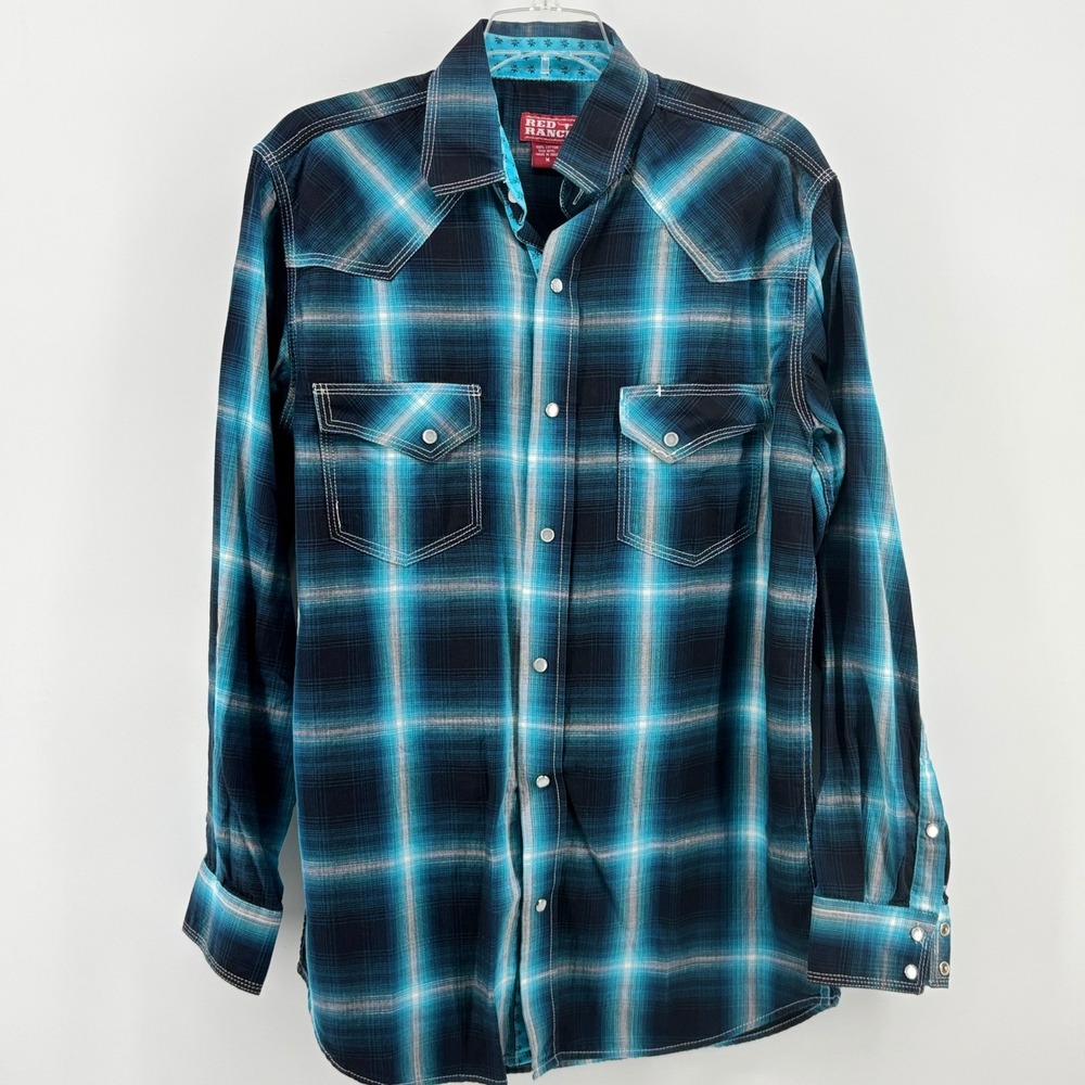 Red‎ Ranch Mens Western Pearl Snap Shirt Turquoise Navy Blue Plaid Cotton Medium